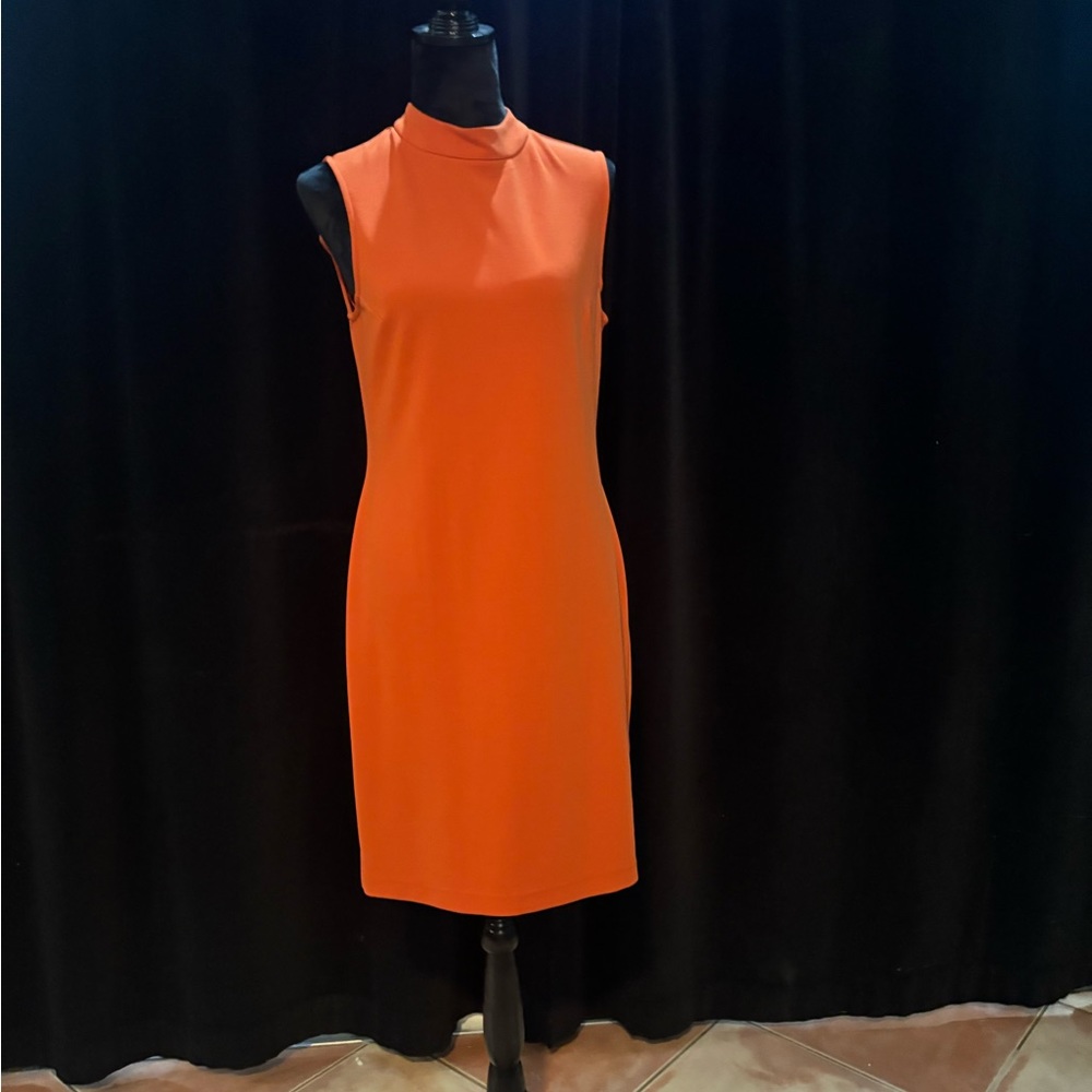 High neck orange sleeveless dress